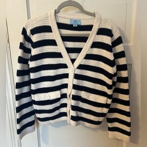 Cece Navy and Cream Stripes Cardigan sweater Medium Classic Preppy Nautical